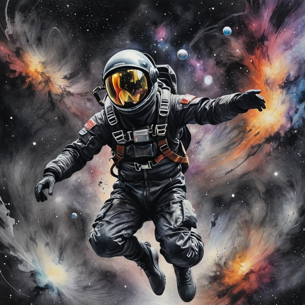 Astronaut's Descent: Charcoal Drawing in Galaxy