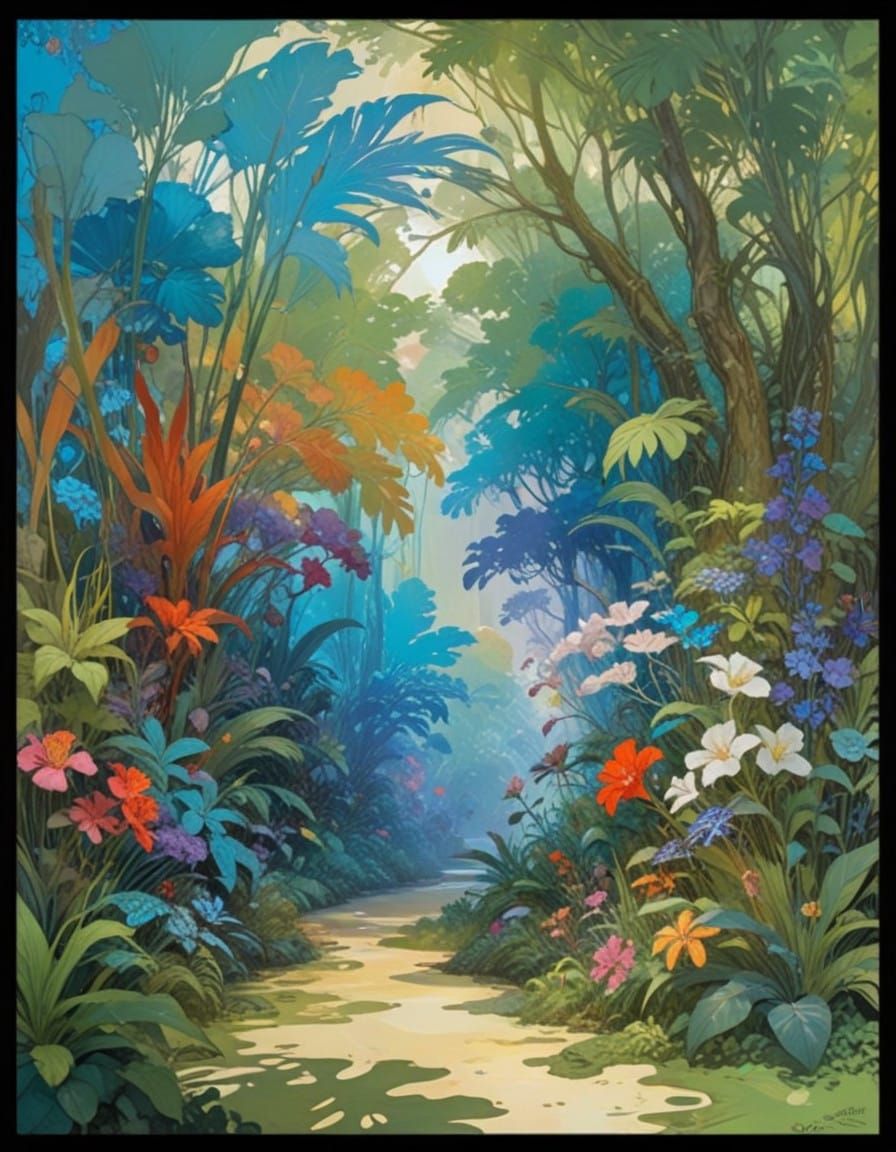 Lush Jungle Blooms in Art Nouveau Style Gouache