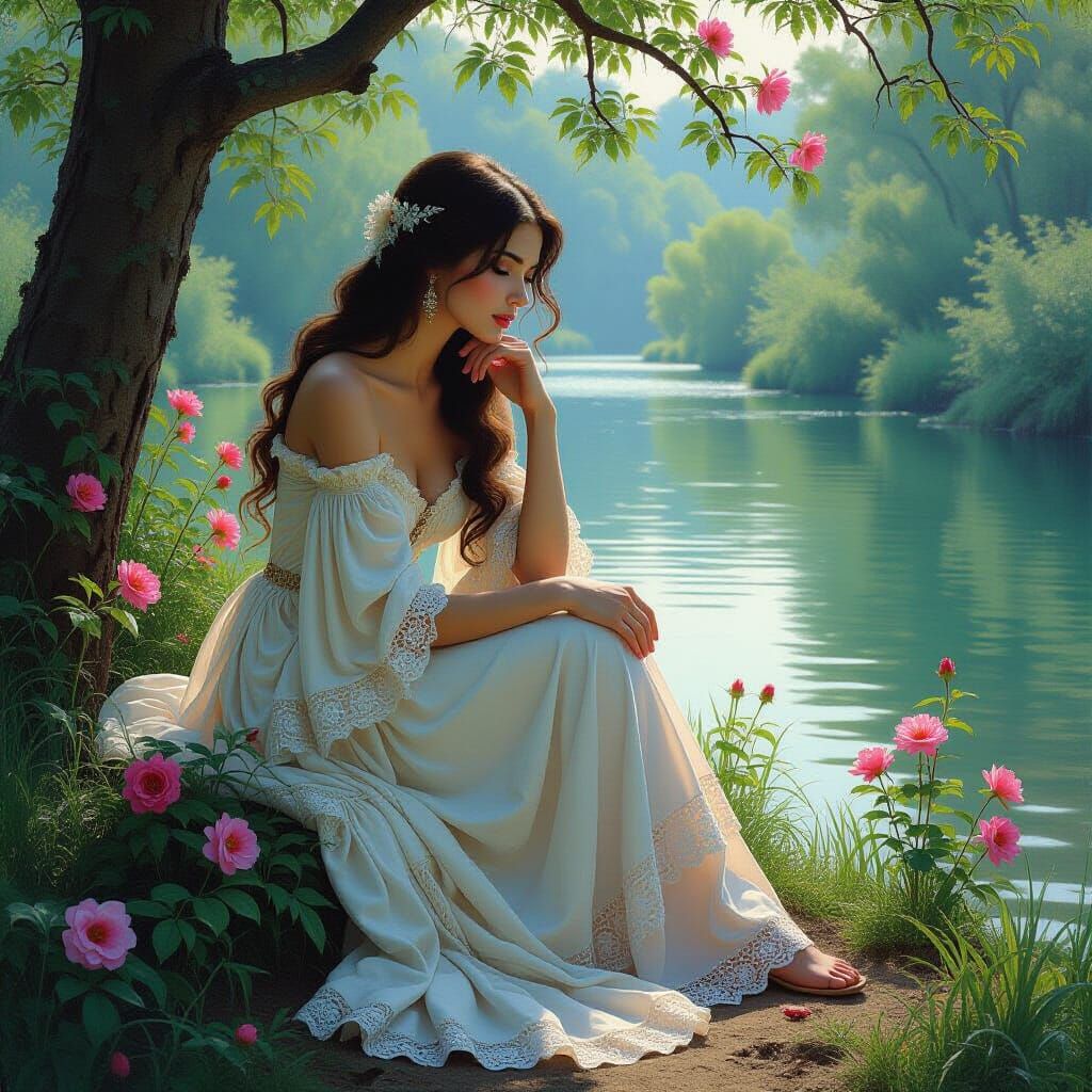 Maiden by Riverbank in Pre-Raphaelite Style