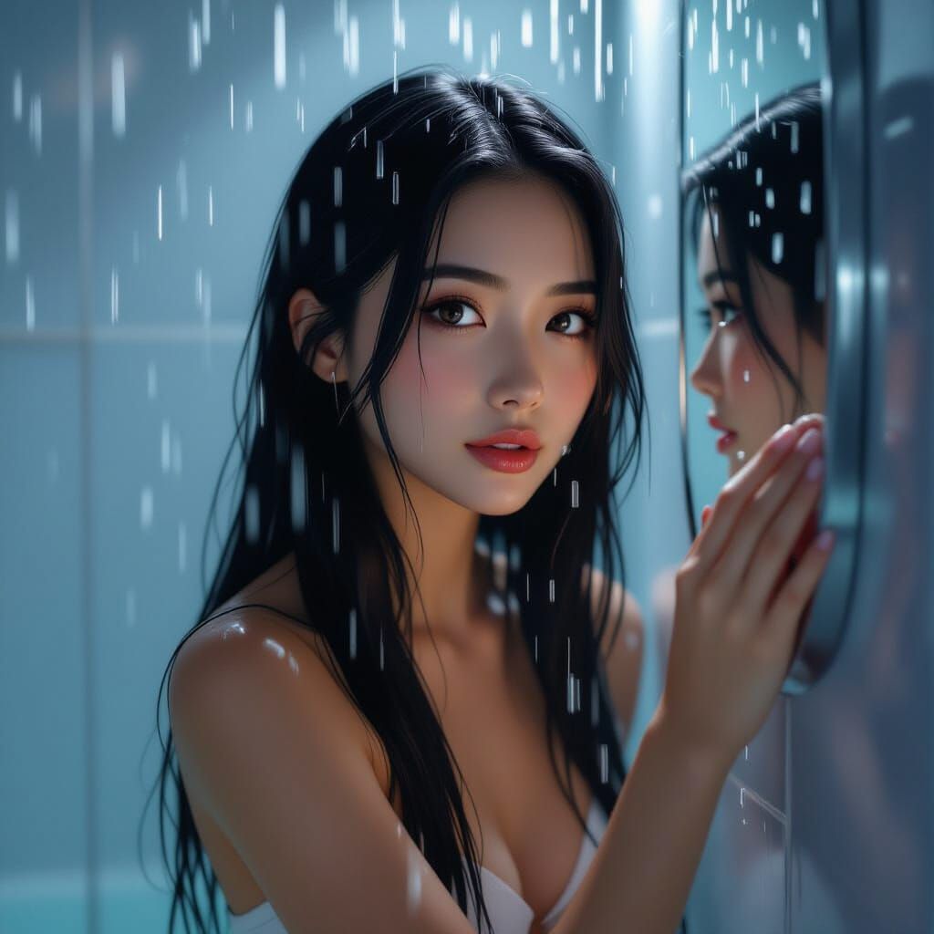 Asian Woman Reflects in Steamy Shower Mirror
