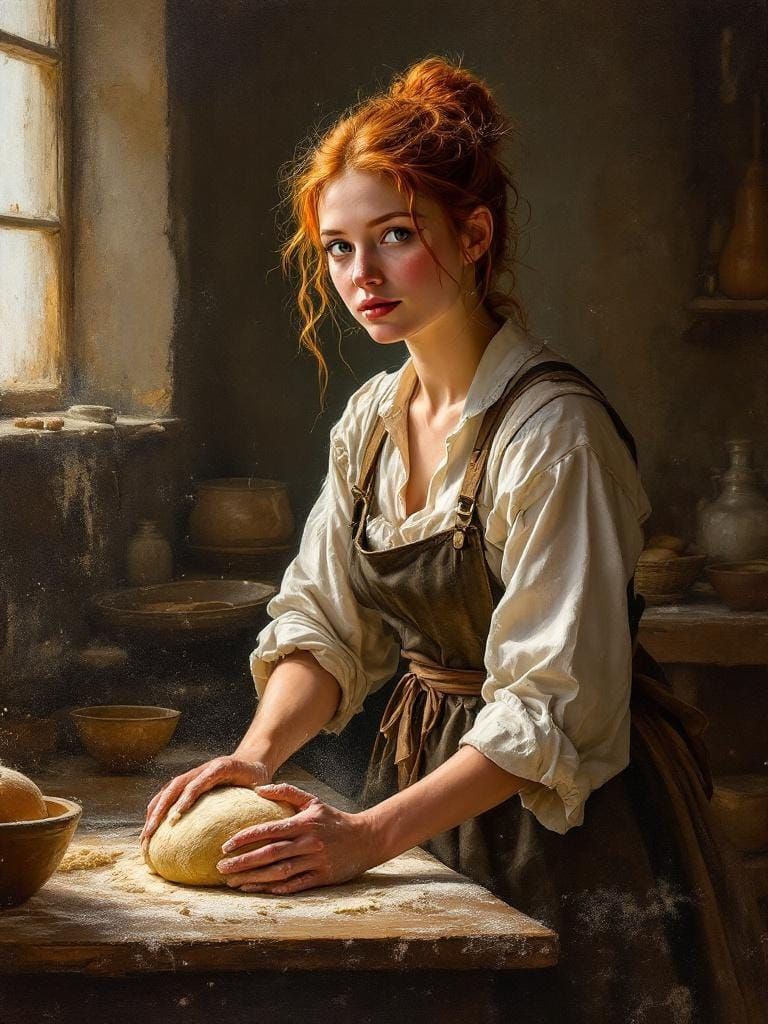 Redhead Baker Kneading Dough, as Oil Painting