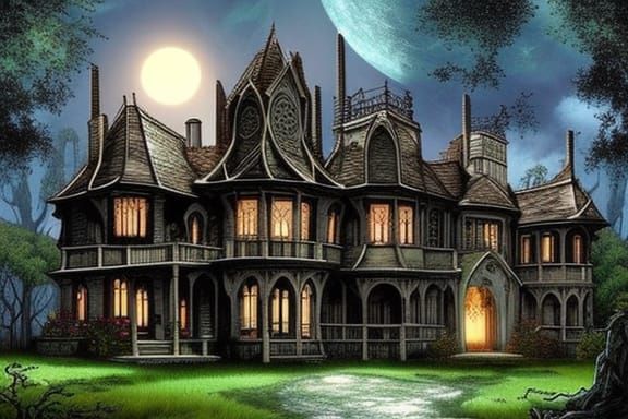 Gothic Manor in Moonlight: A 3D Render