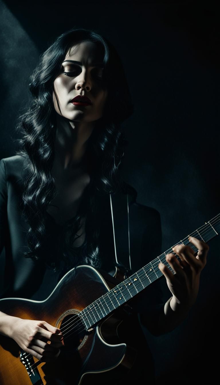 Moody Film Noir Portrait of Woman Playing Guitar