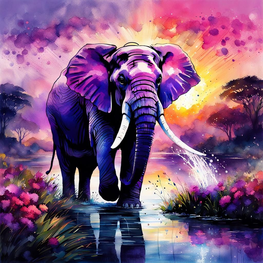 Elephant Silhouette at Sunrise: Watercolor Illustration