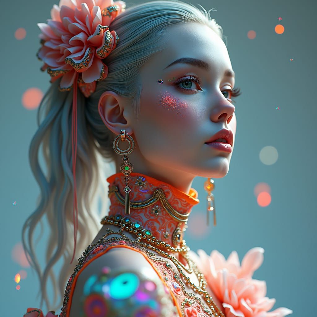 Surreal Beauty in Fantastical Attire, Rendering in Deep Colo...