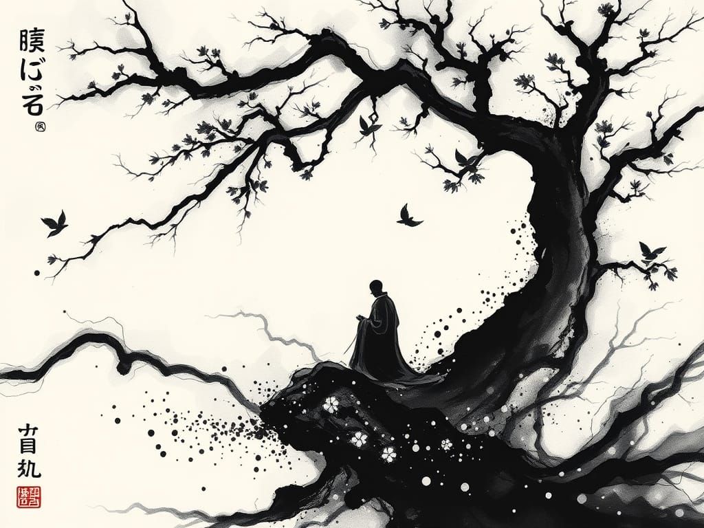 Old Monk in Path Fusion Ink Art