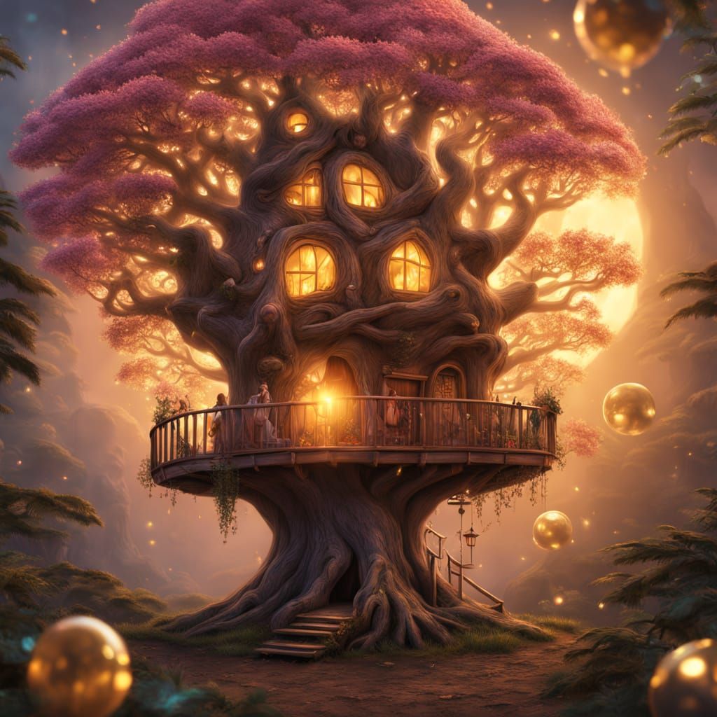 Surreal Treehouse Scene in Photorealistic Style