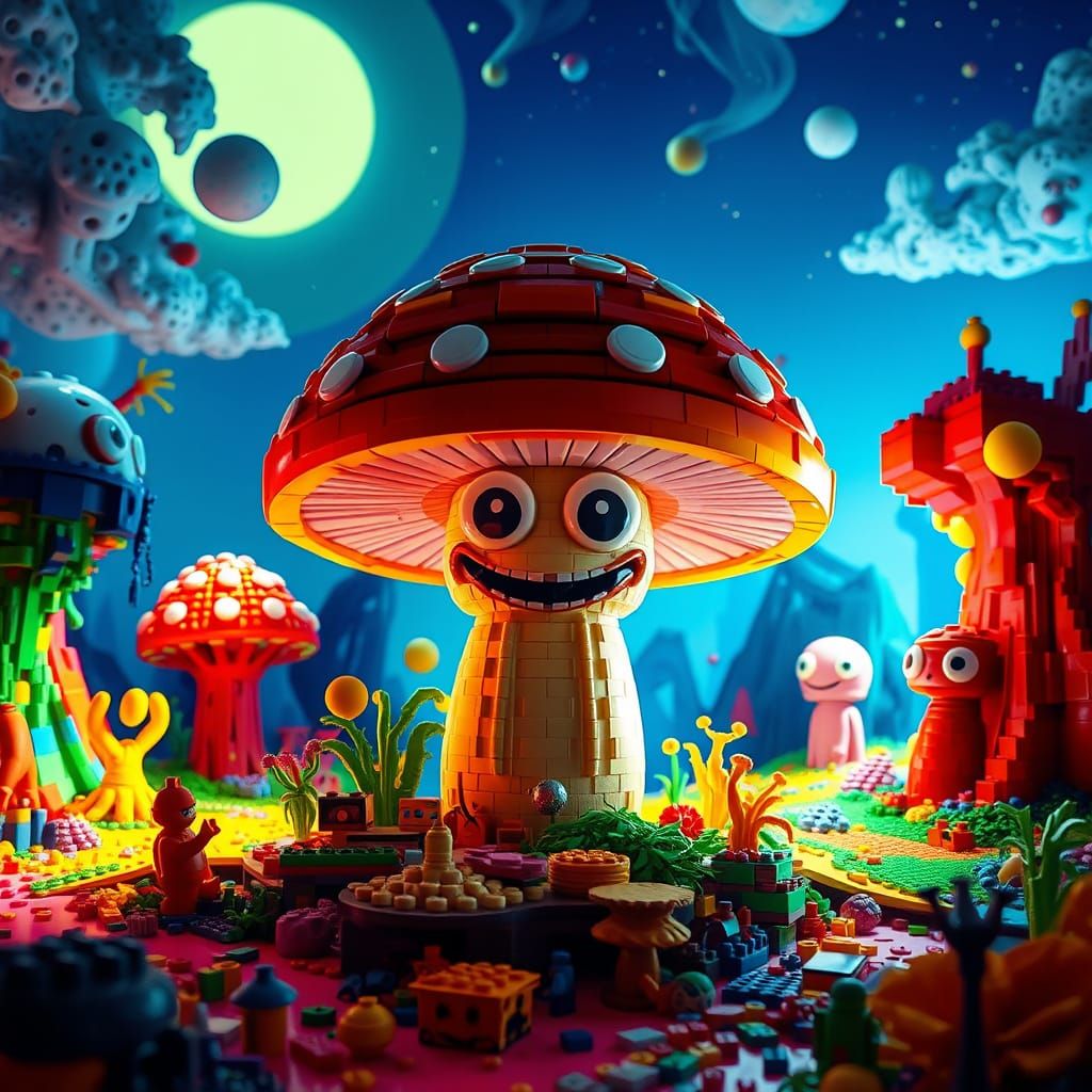Joyful Giant Mushroom Amidst LEGO Hallucinations