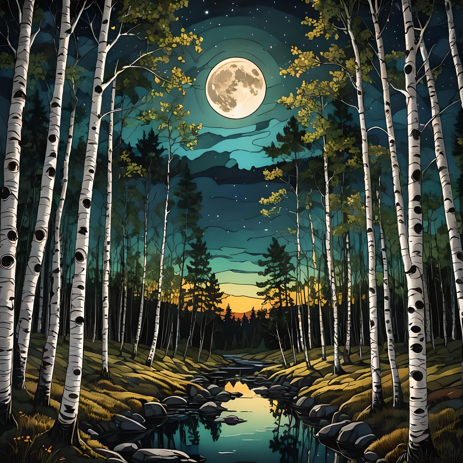 Stained Glass River Through Scandinavian Forest at Night