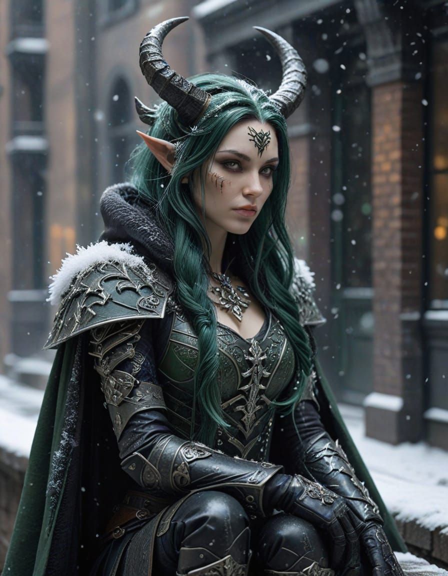 Dark Fantasy Character with Horns on Snowy Ledge