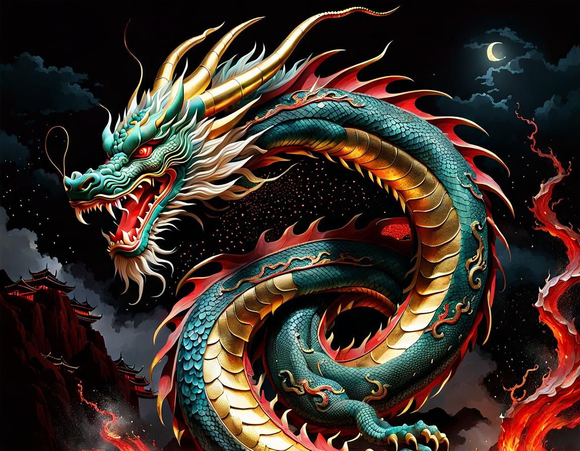 Chinese Dragon Deity in Digital Watercolor Style