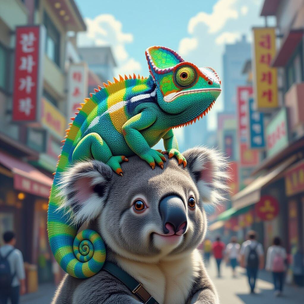 Chameleon Dragon Perched on Koala in Korean City