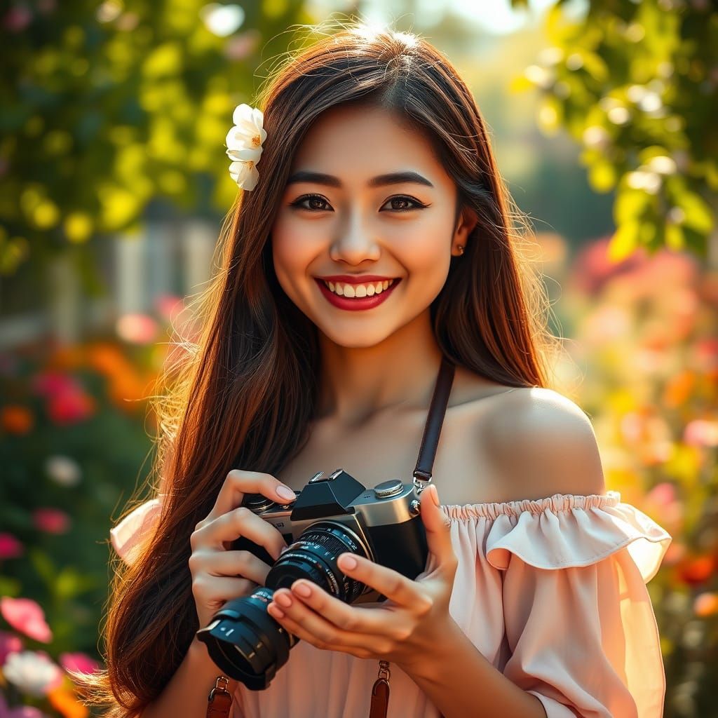 photorealistic portrait of a cheerful young Asian woman