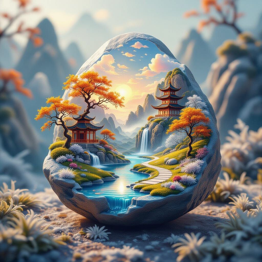 Microcosm Unfolding on Stone in Chinese Art Style