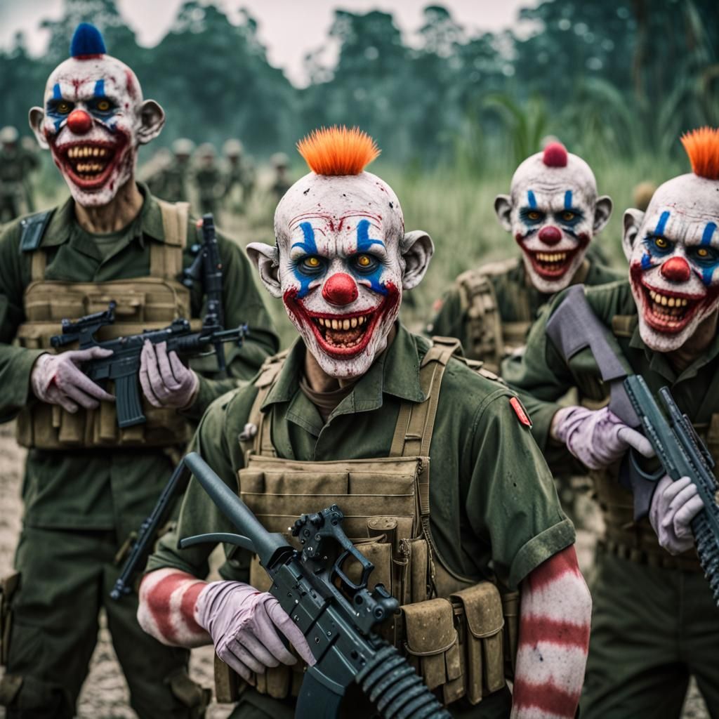 Zombie Monkey Monster Clown Army in a Cinematic Still