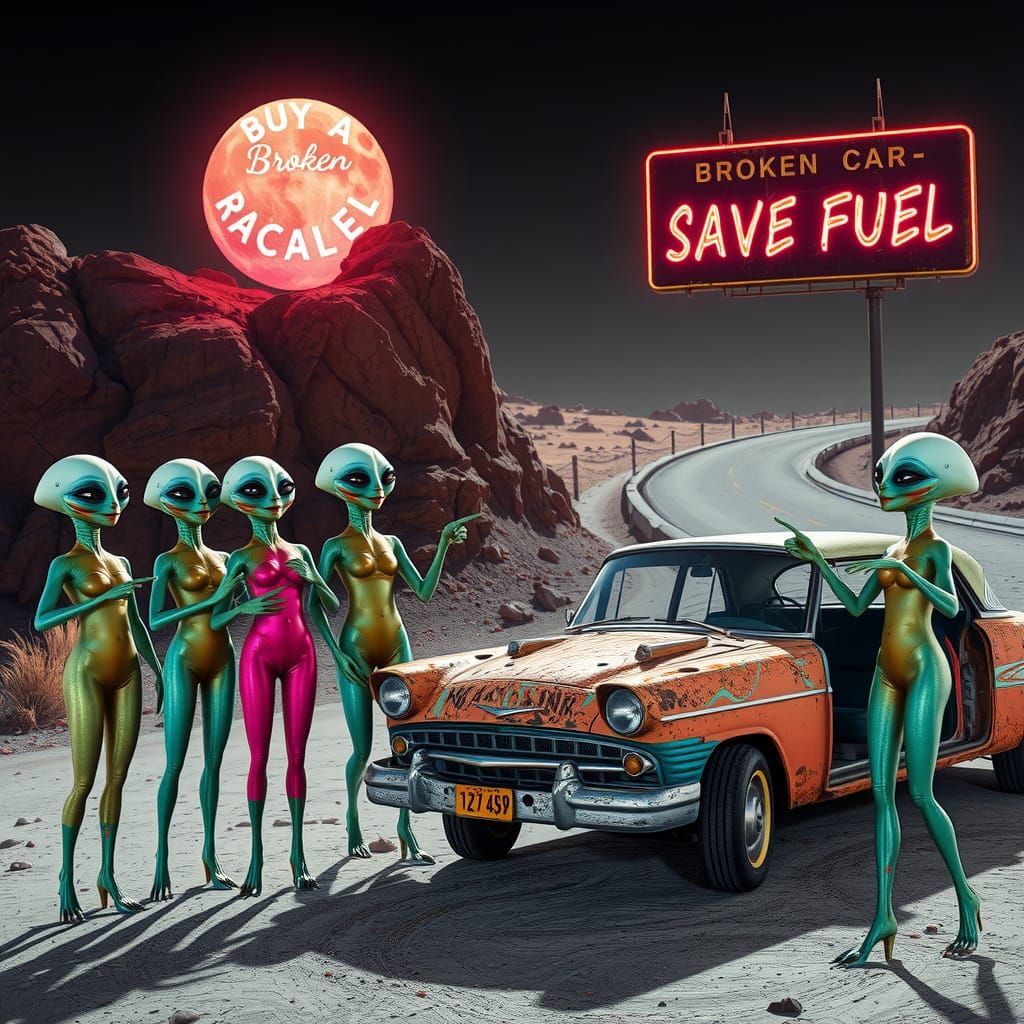 Iridescent Aliens Marvel at a Rusted Car on the Lunar Highwa...