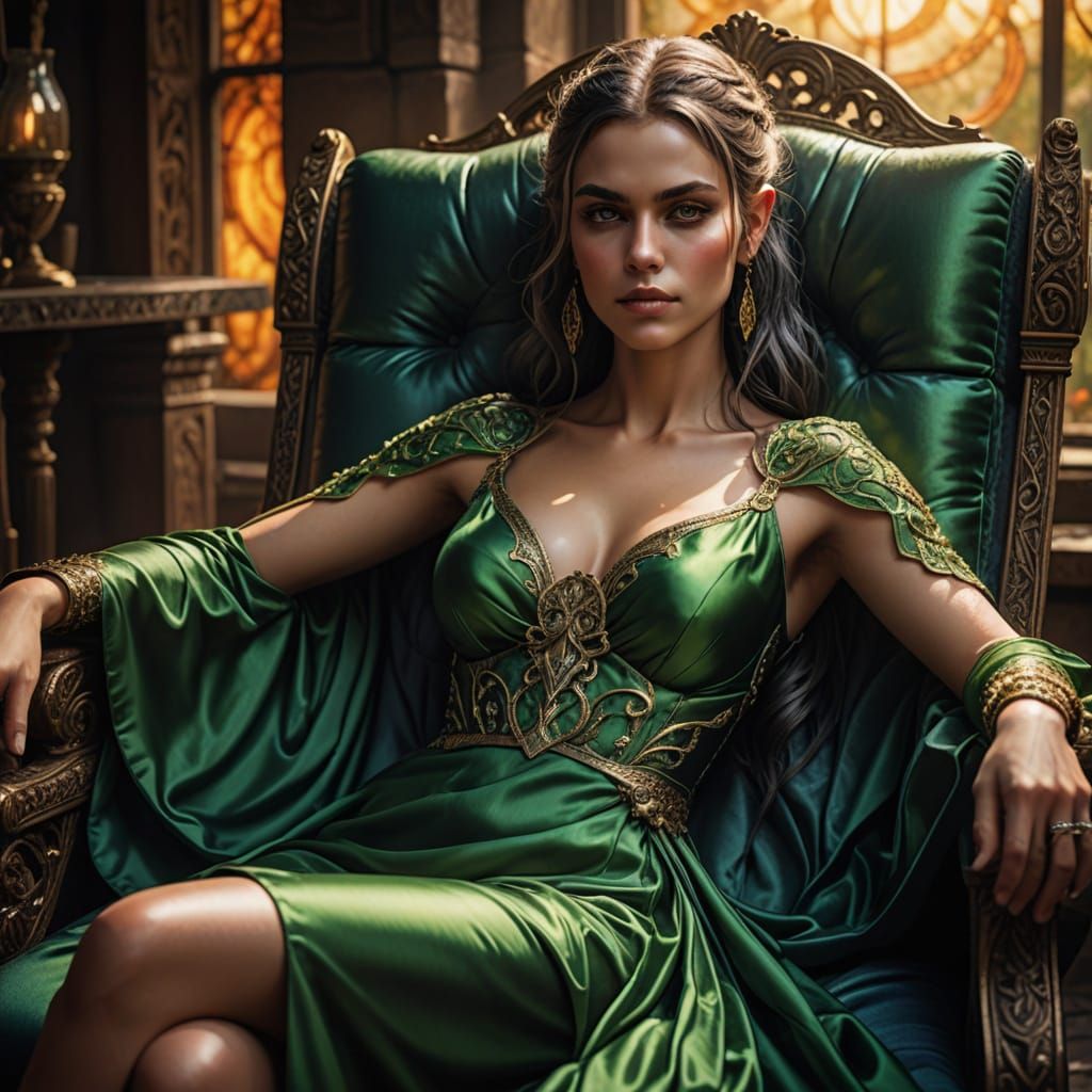 Busty Dark Elf Woman in Green Silk Gown