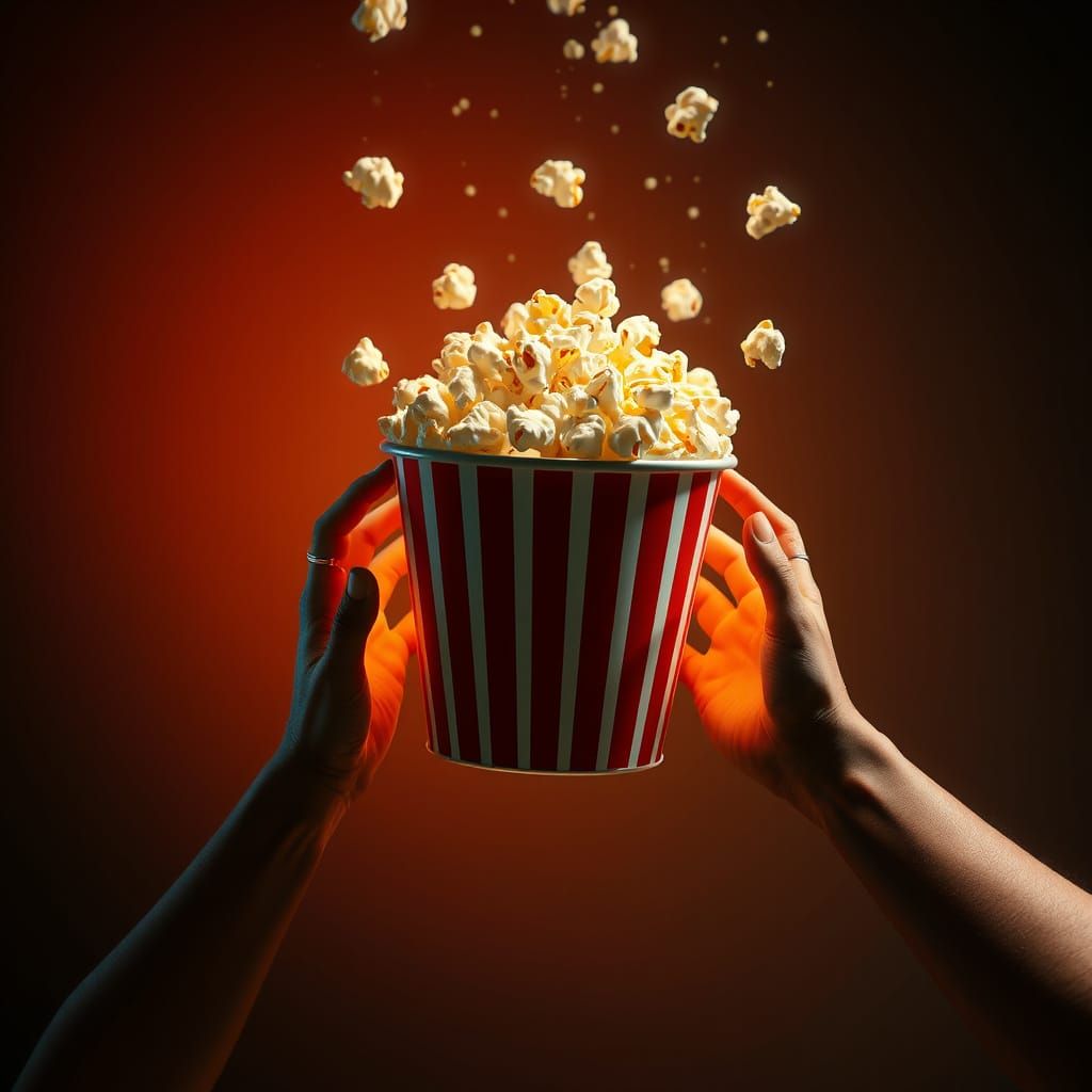 Timeless Moment of Popcorn Bliss in Neon Art Nouveau Style
