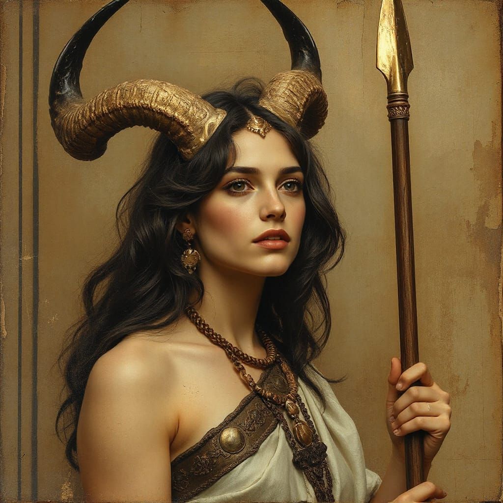 Satyr Woman with Spear in Dadaist Palimpsest Art