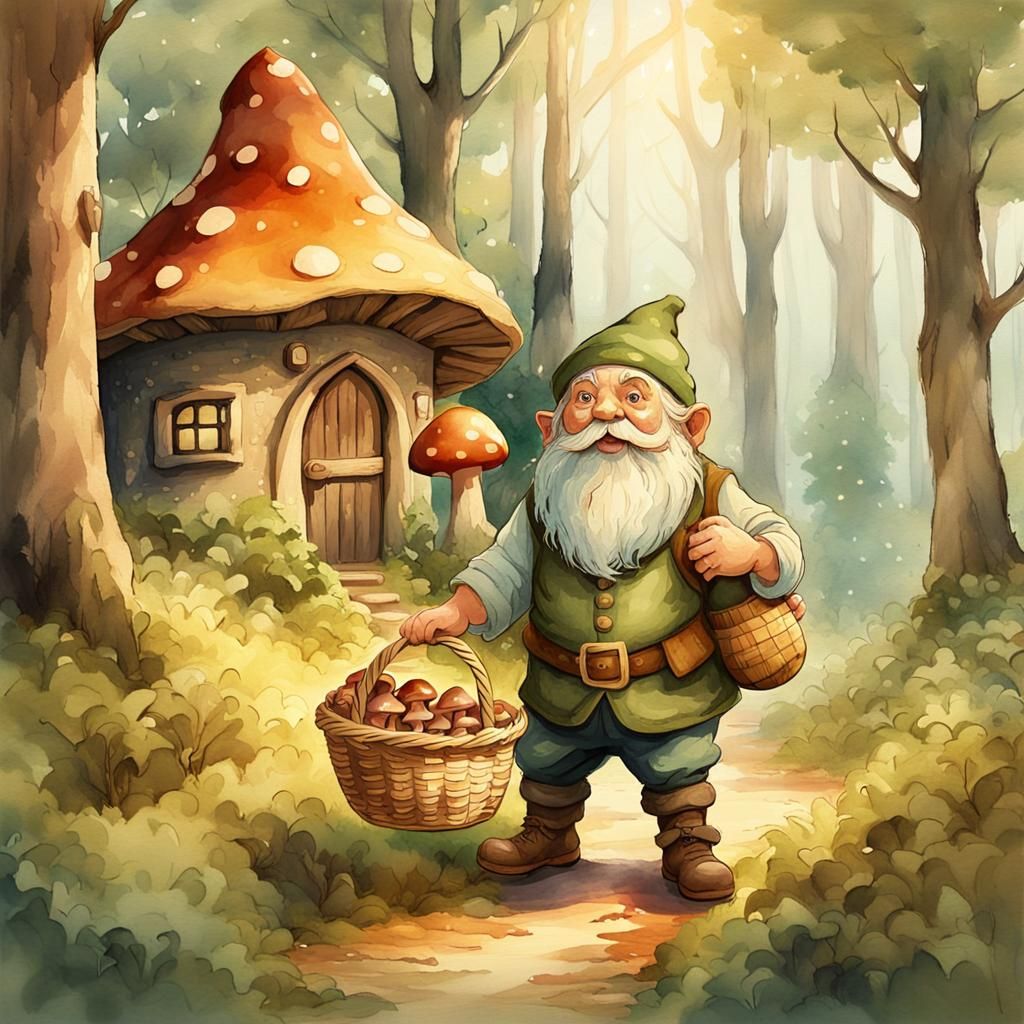 Charming Dwarf in Mystical Forest: Watercolor Illustration