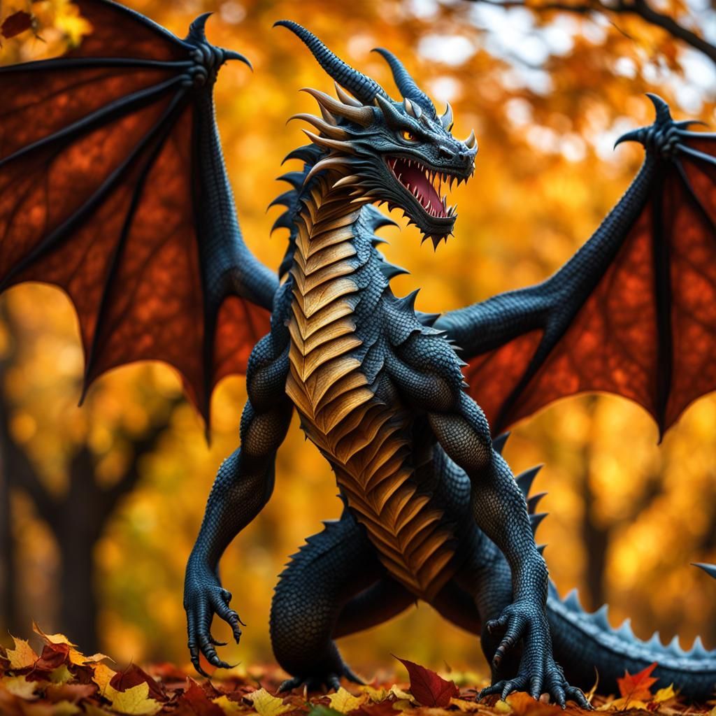 Fissile Autumn Leaf Dragon Portrait in Dark Surrealist Art