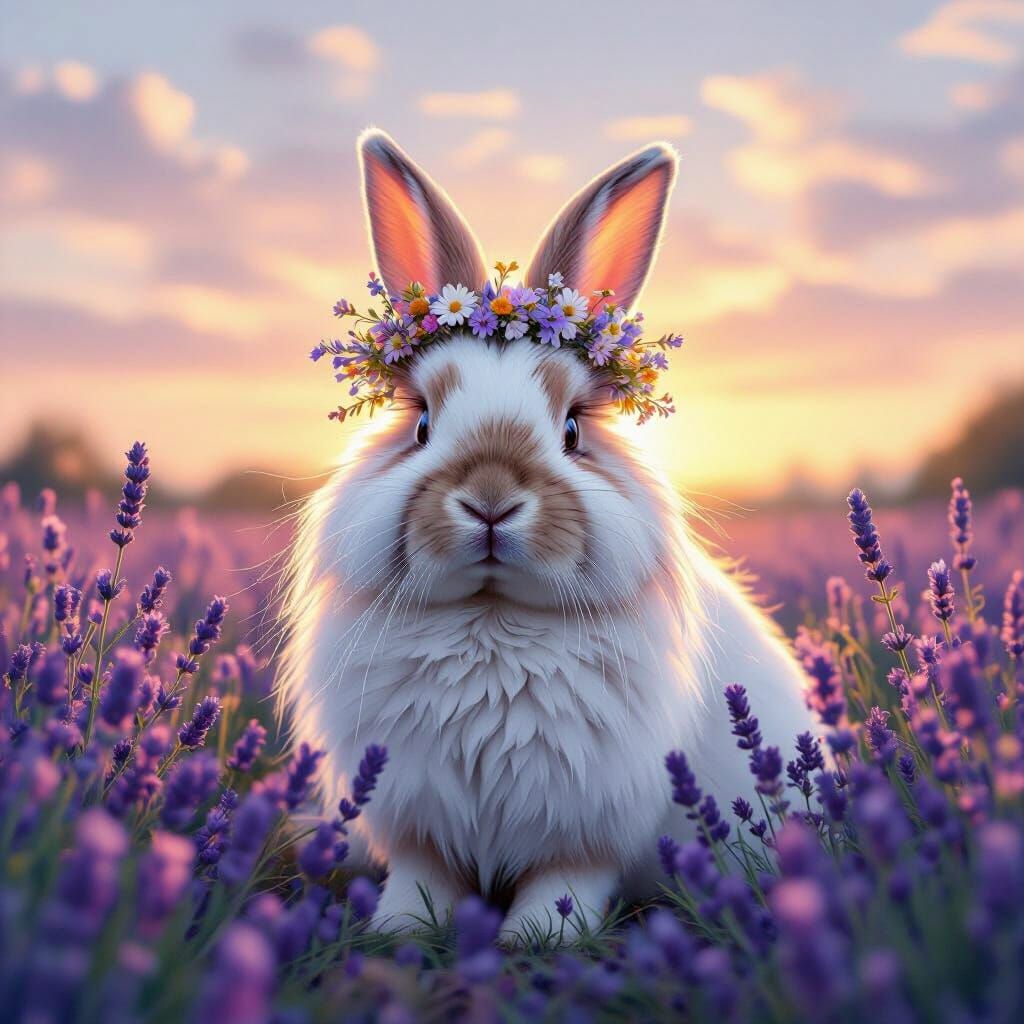 Regal Rabbit in Lavender Field at Pastel Sunset