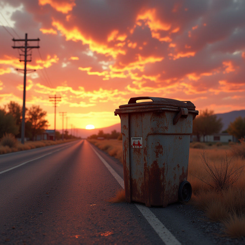 Trash Can at Sunset: Hyperrealistic American West Scene