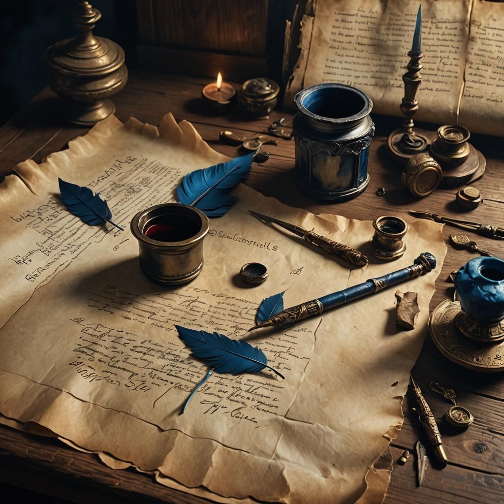 Parchment, Inkwell, and Quill Pen in Fantasy Art Style