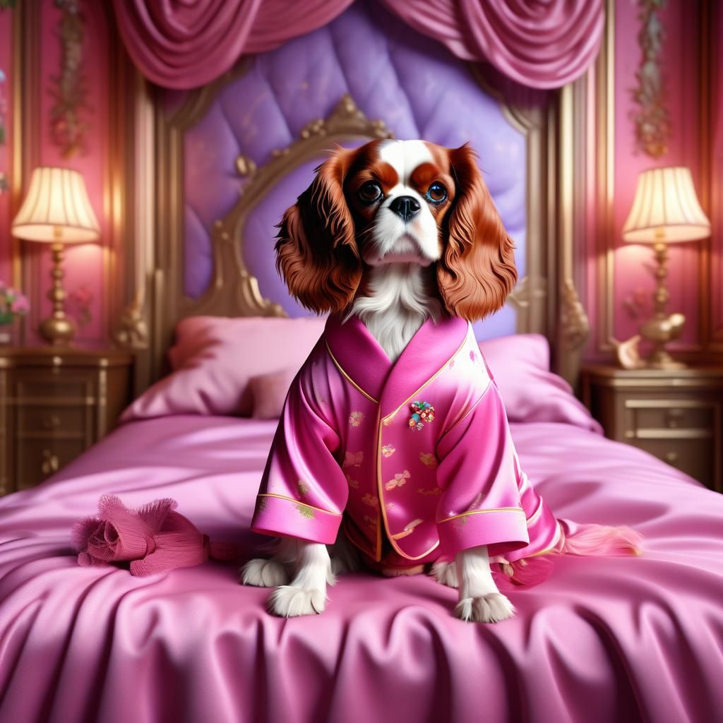 Adorable Cavalier King Charles Spaniel wearing pink silk pajamas sitting in a Princess bedroom