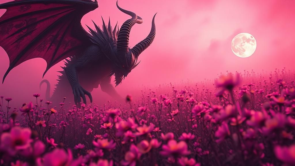 Monstrous Demon in Pink Flower Field, Dark Fantasy