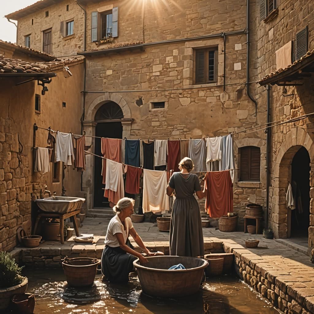 Tuscan Woman Washes Clothes at Sunset
