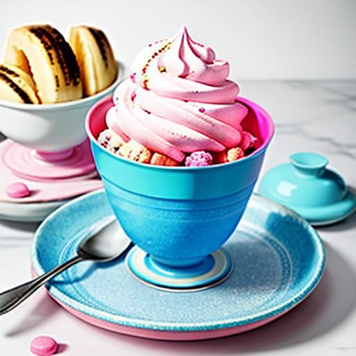 Pink Bubblegum Ice Cream Sundae in Blue Bowl