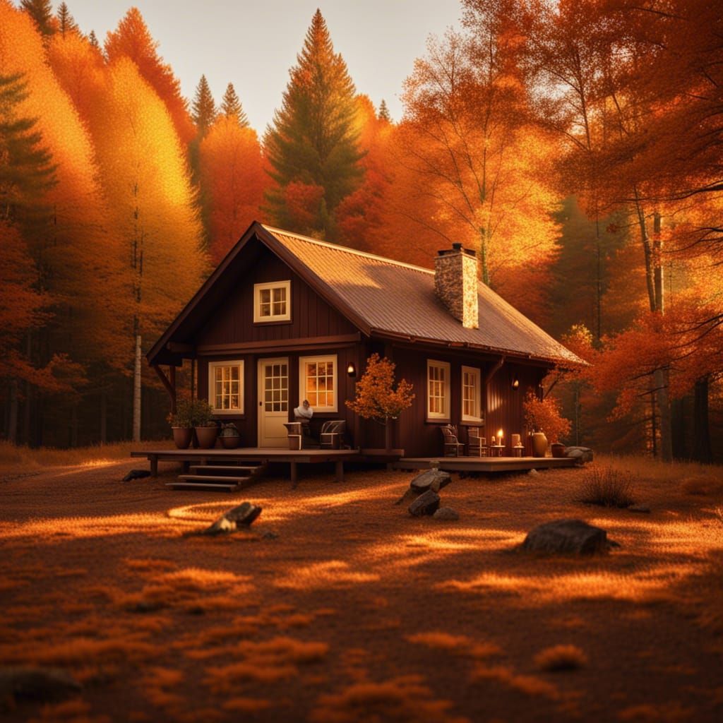 Cozy Cabin in Autumn Woods at Golden Hour