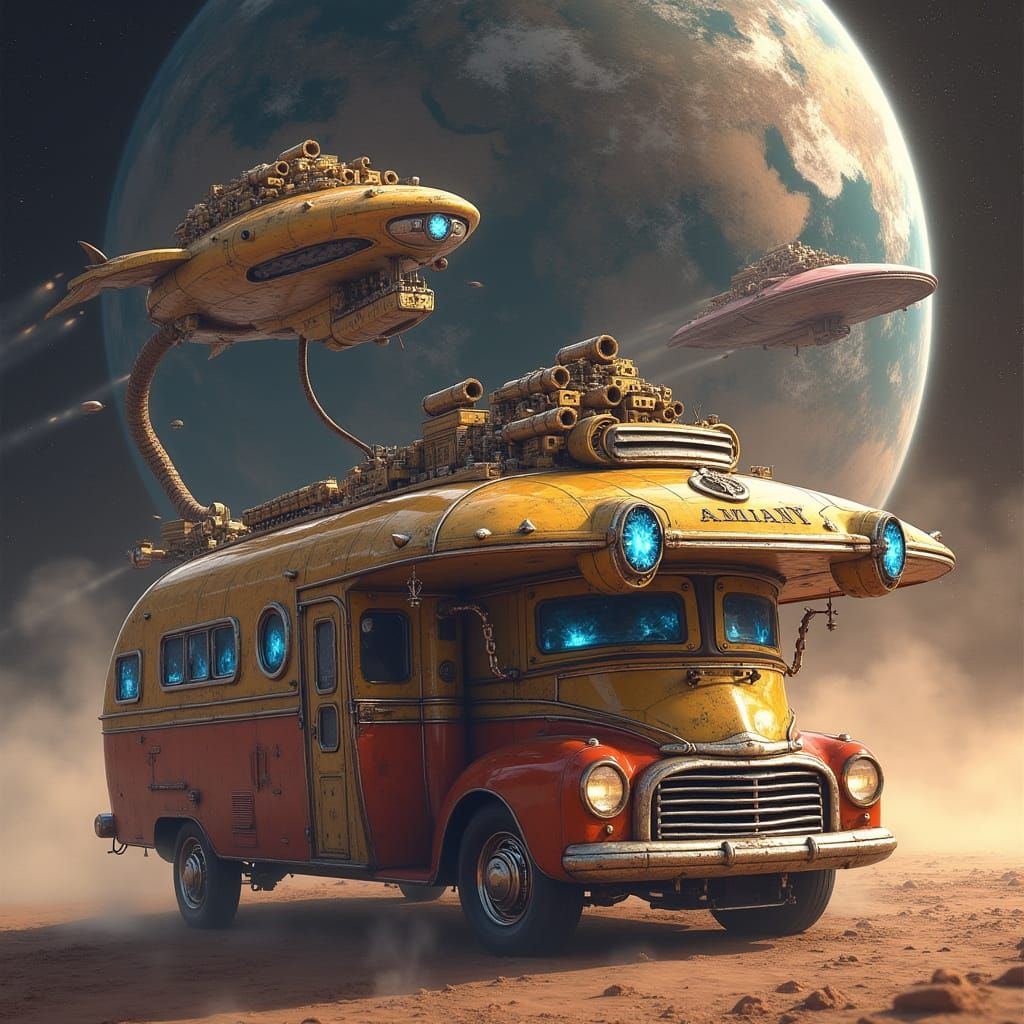 Cosmicpunk Starship with Steampunk Mobile Camper Vibe