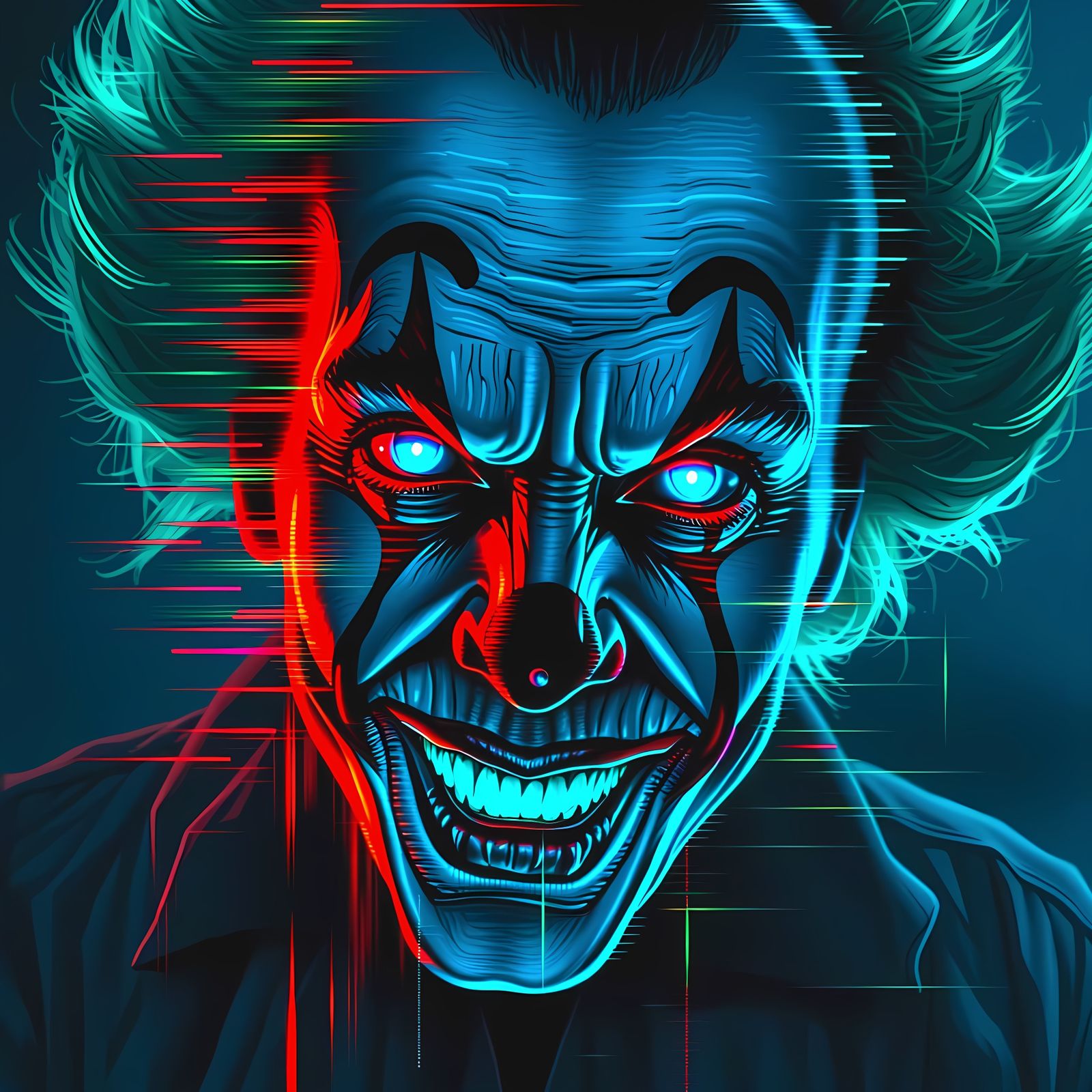 Clown's Face in Digital Glitch Style with Neon Colors