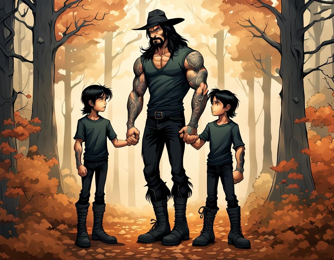 Fantasy Illustration: Witch Dad with Twin Sons