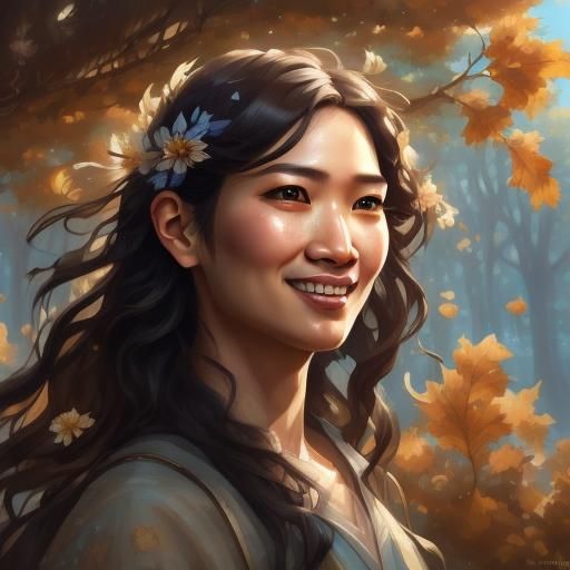 Asian Woman Portrait under Maple Tree, Detailed Digital Art