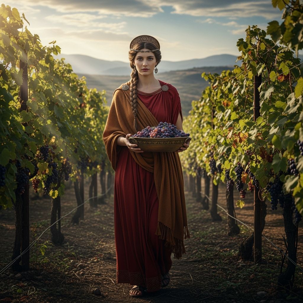 Pherusa: Greek Goddess in Vineyard at Sunset
