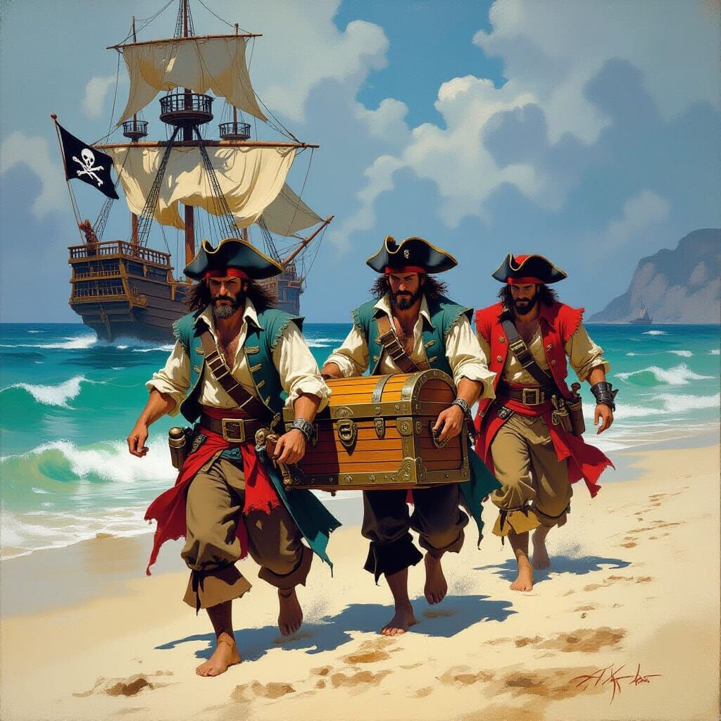 Pirates Hauling Treasure Chest on Sandy Beach