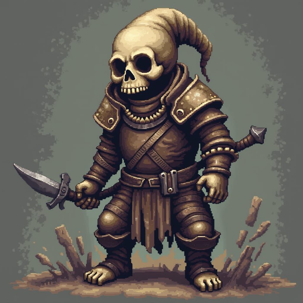 8-Bit Gnome Skeleton Warrior in Dark Fantasy Style