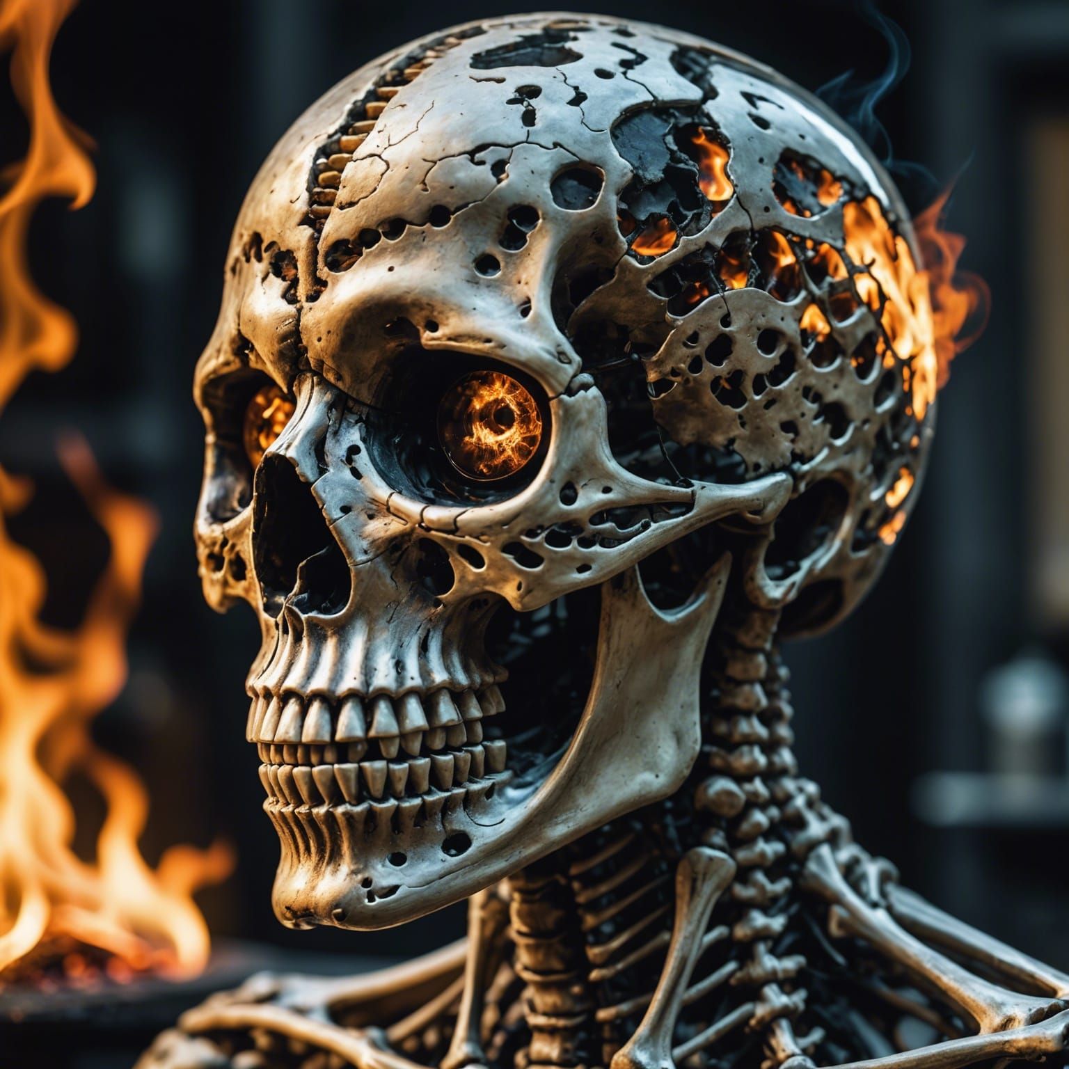 Skeleton with a reflection of a  burning world in his eye socket
