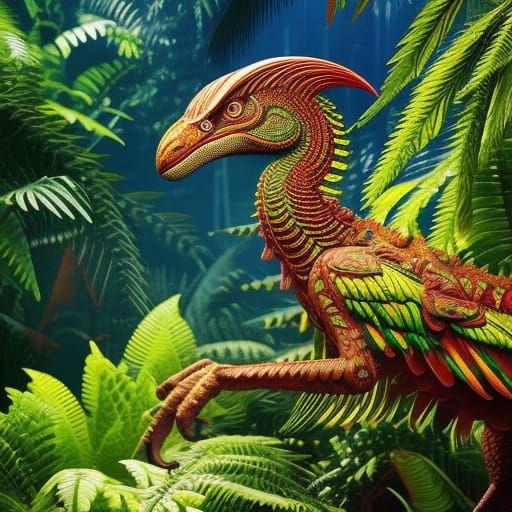 Mechanical Velociraptor in Jungle, Isometric Digital Art