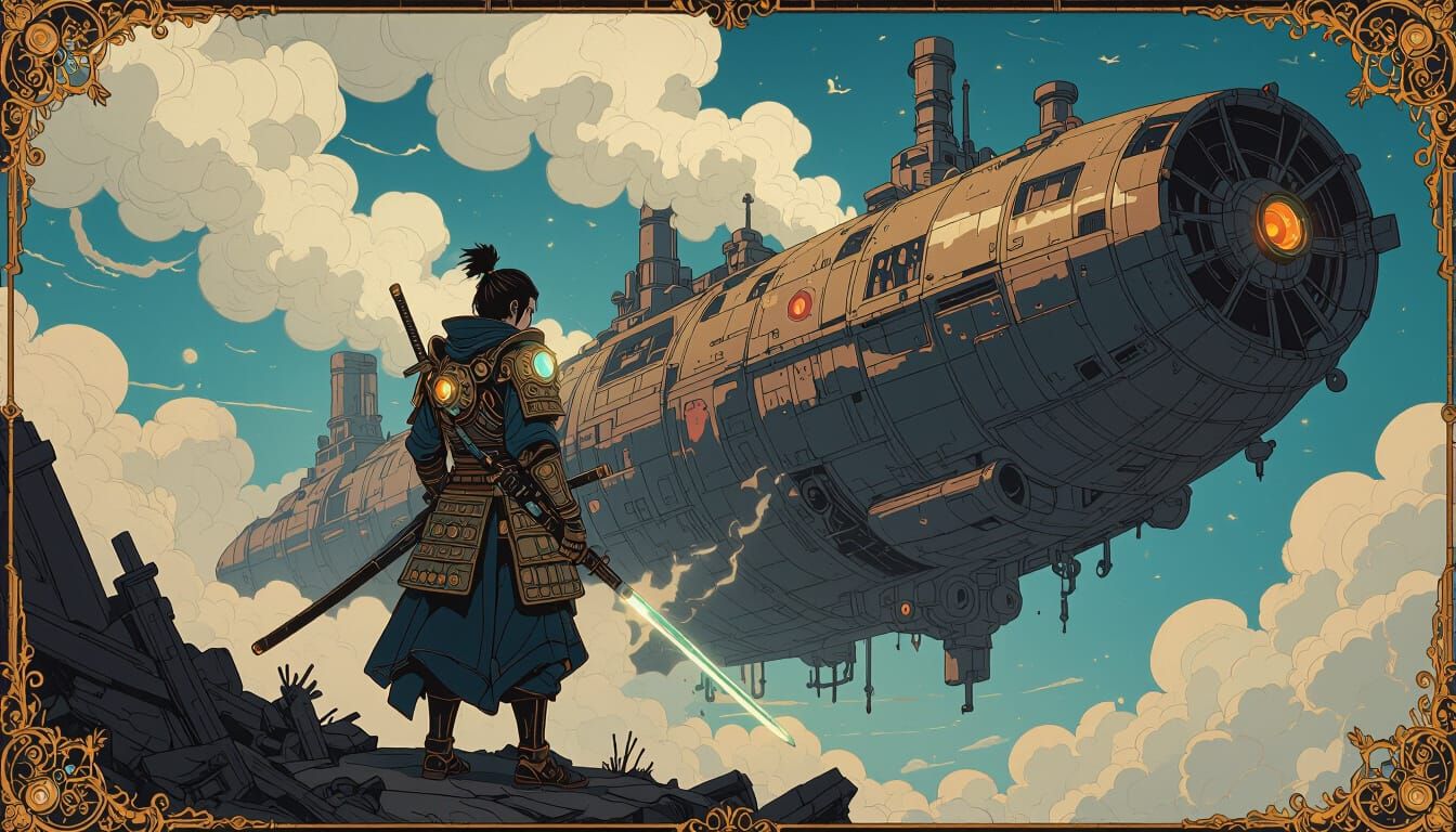 Steampunk Samurai on Decaying Spaceship in Art Nouveau Style