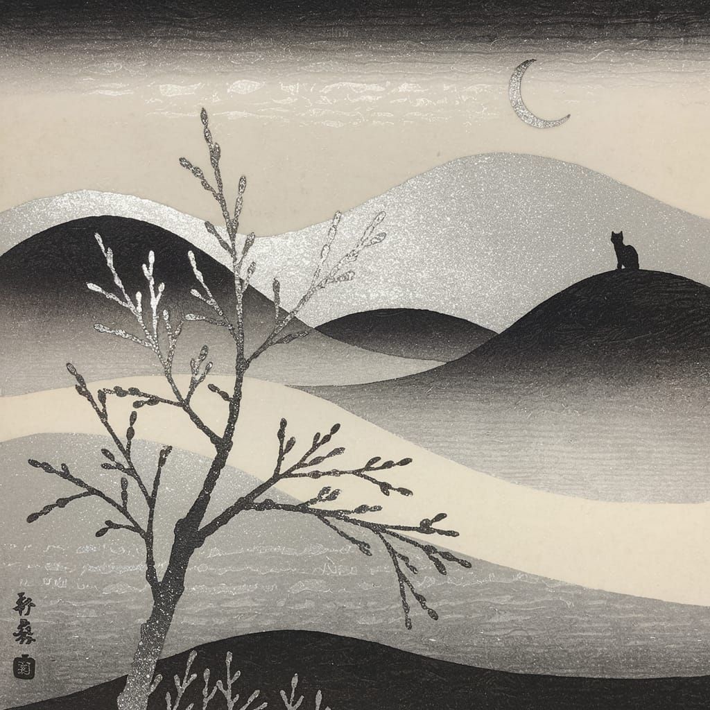 Minimalist Japanese Woodblock Print with Silver Highlights