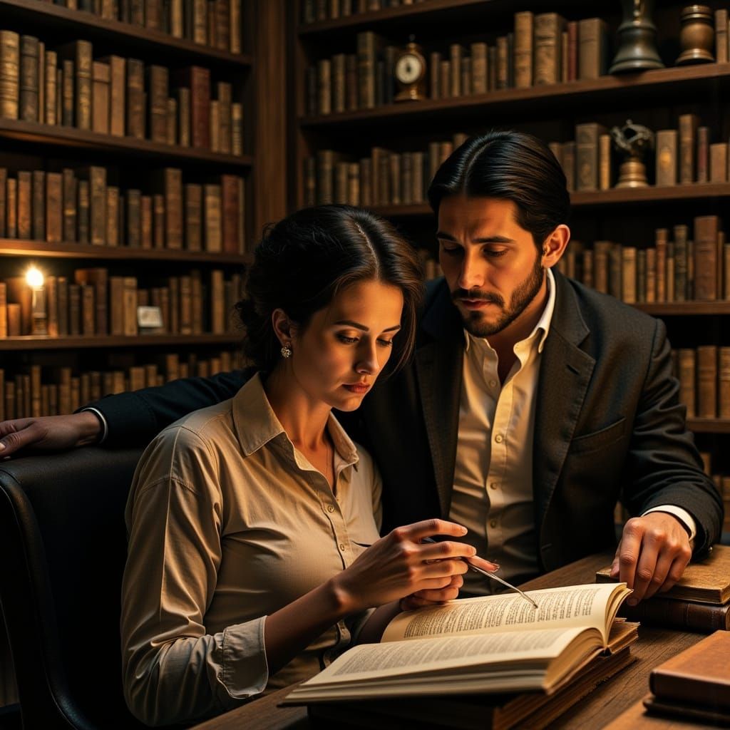 Woman Reading in a Vintage Library with a Mysterious Book