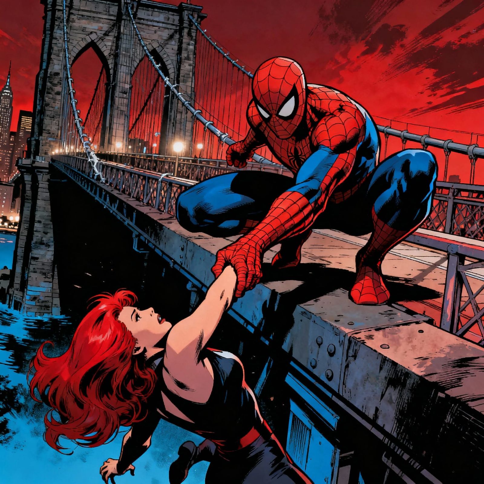 Spider-Man Reaches for Falling Mary Jane on Manhattan Bridge