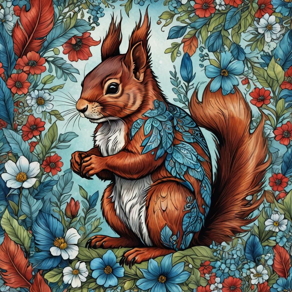 Red Squirrel with Tribal Feathers in Alcohol Ink Style
