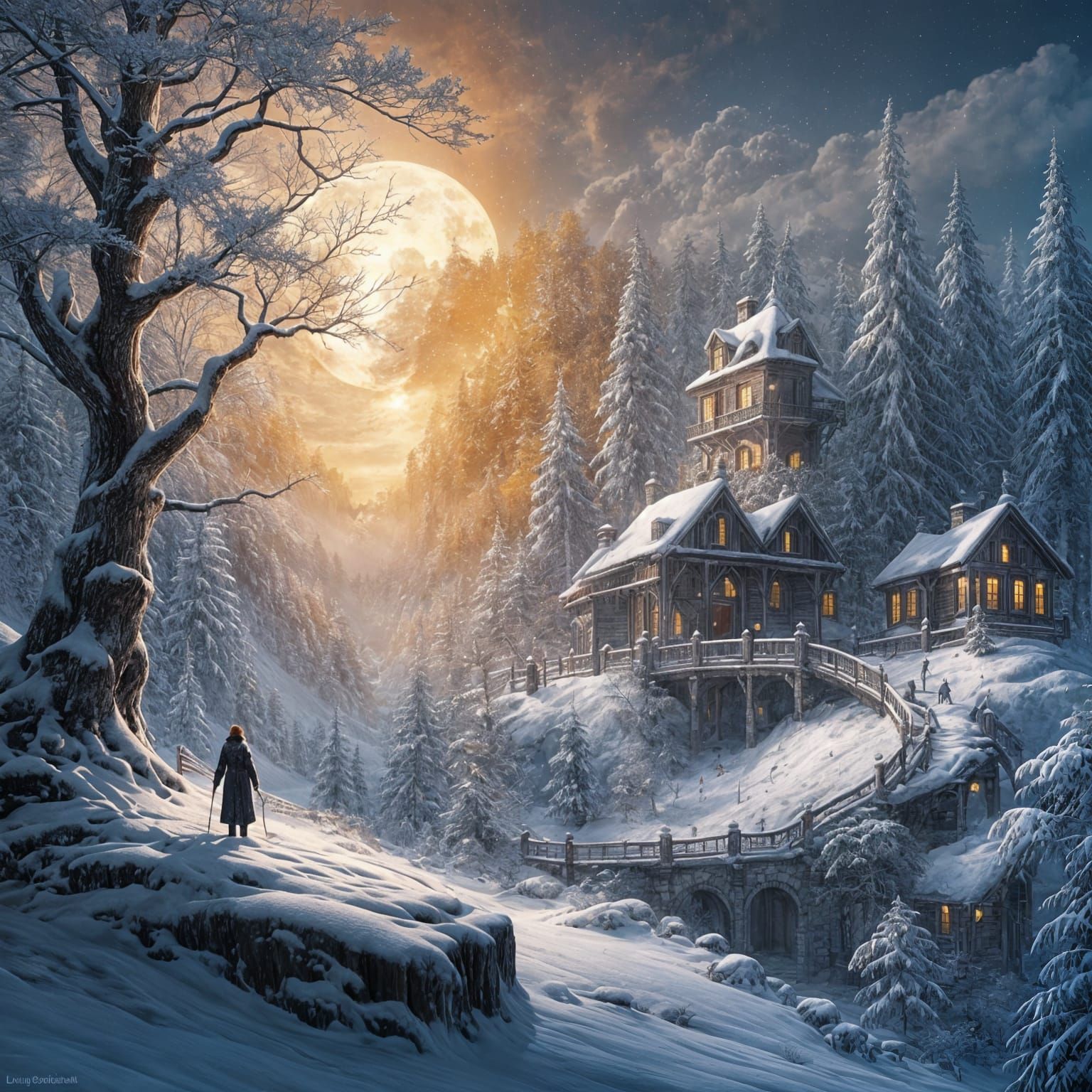 Cracked Golden Moon Over Snowy Village