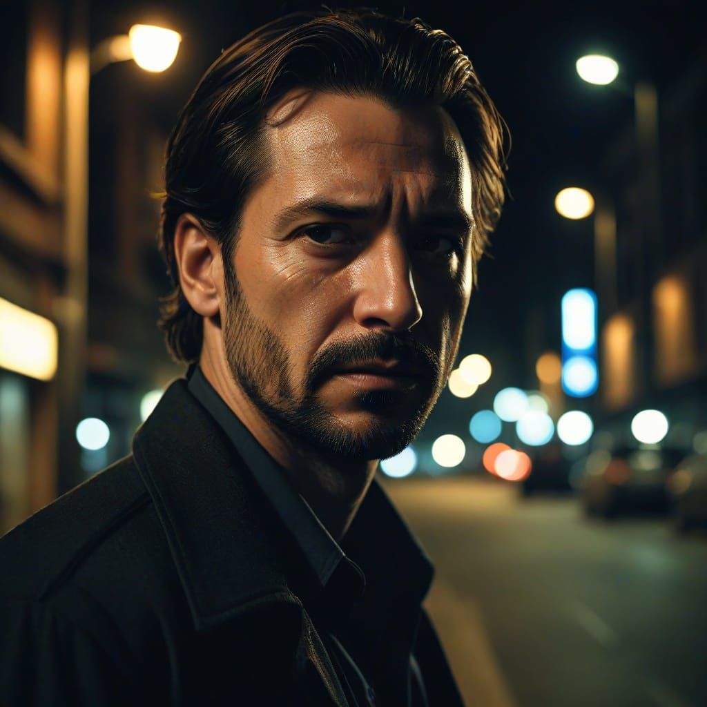 Gritty 40s Man Walks Night Street in Moody Neo-Noir Style