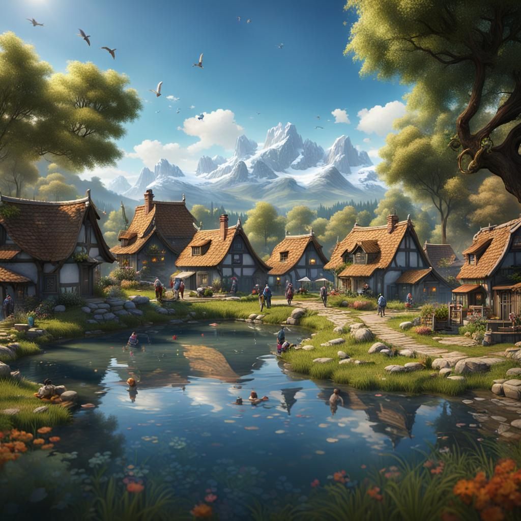 Village Pond Scene in Photo Realistic Style